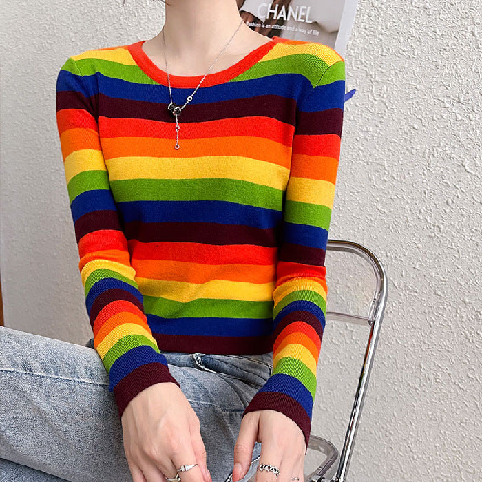 Damen Langärmliges Gestreiftes Shirt Farbenfroh Norvielle