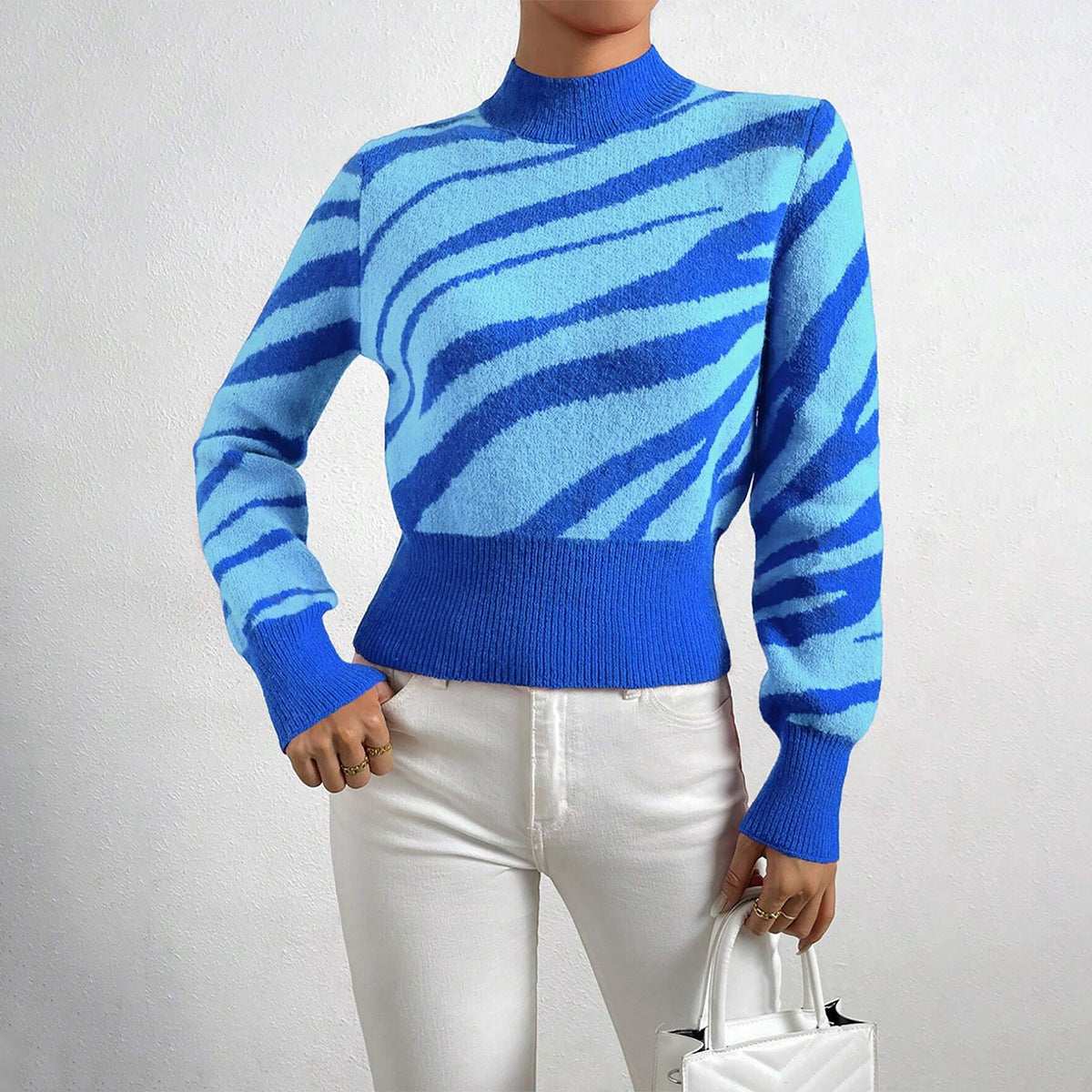 Strickpullover Damen Normale Passform Semihoher Kragen Zebra Muster - Norvielle