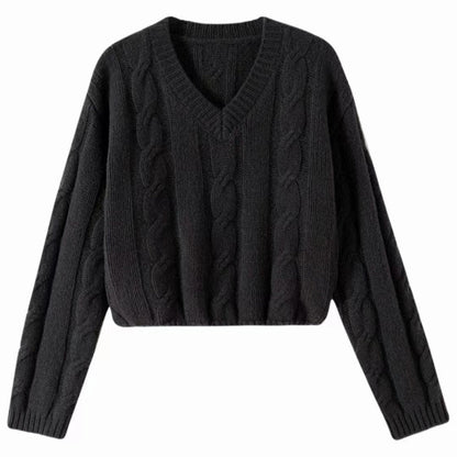 Damen Strickpullover V-Ausschnitt Zopf-Muster Norvielle