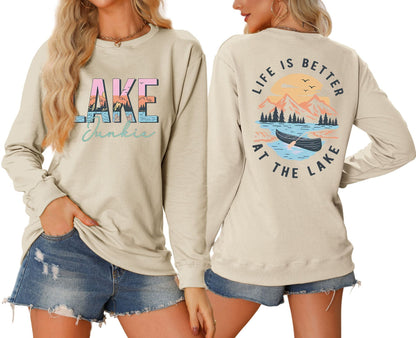 Damen Langarmshirt Lake-Motiv Leicht Lässig Weiß