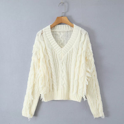 Damen Grobstrickpullover V-Ausschnitt Fransen Norvielle