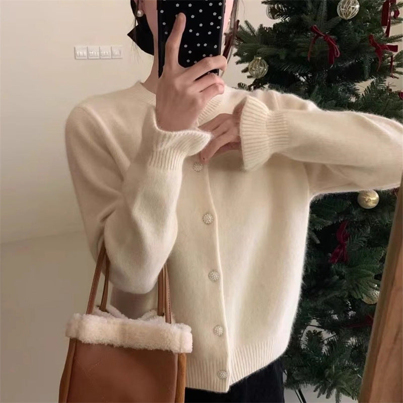 Damen Strickjacke Perlmuttknöpfe Beige Norvielle