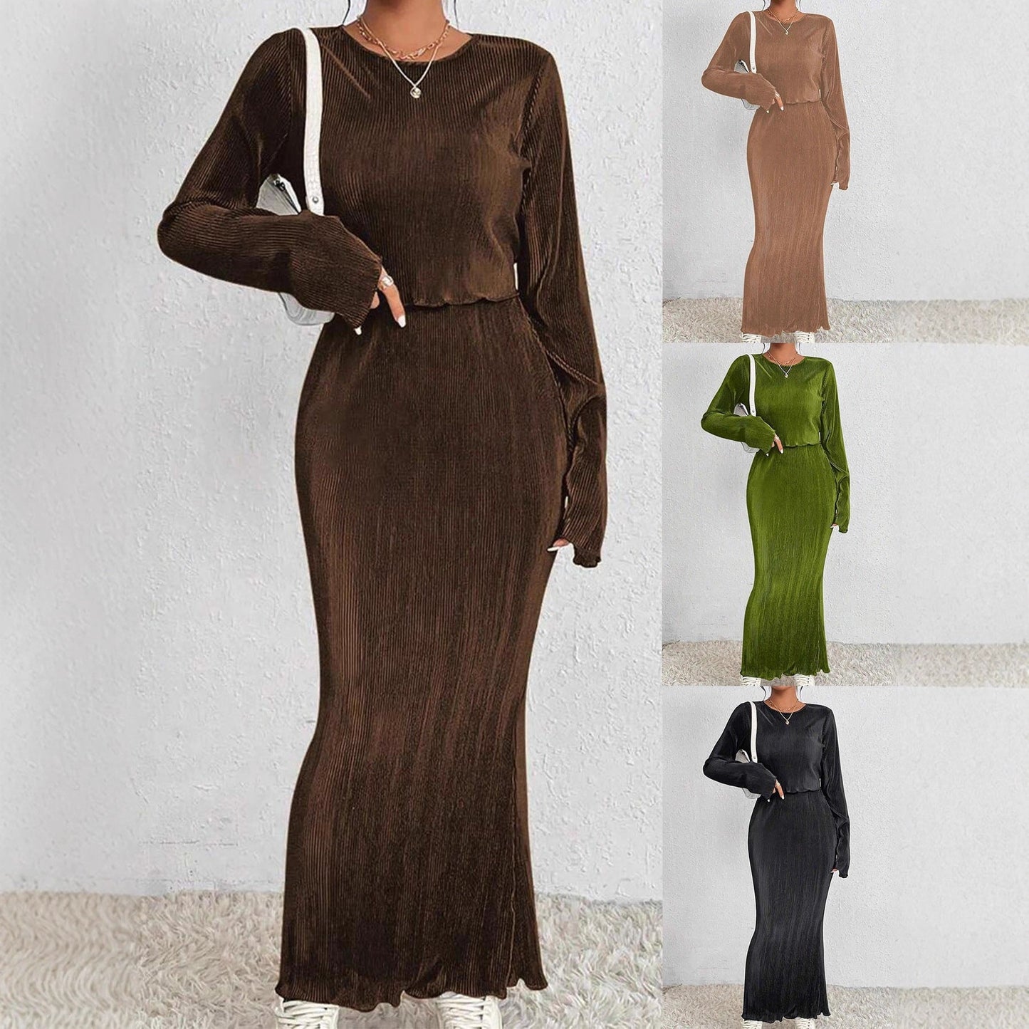 Damen Maxikleid Länge Langärmelig Elegant Schwarz Norvielle - Norvielle