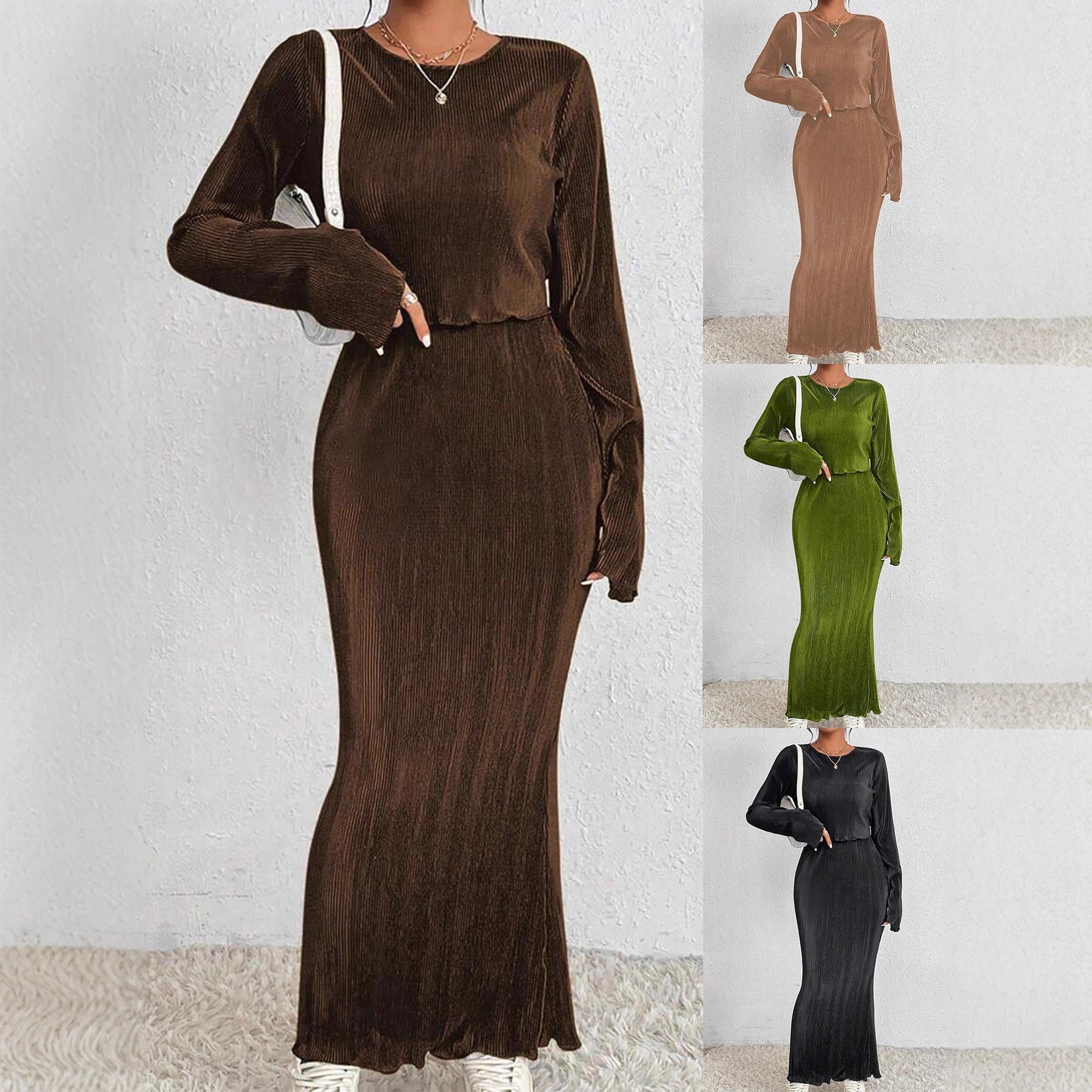 Damen Maxikleid Länge Langärmelig Elegant Schwarz Norvielle - Norvielle