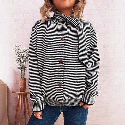 Damen Strickcardigan Gestreift Mit Hochem Kragen Dekorative Knöpfe - Norvielle