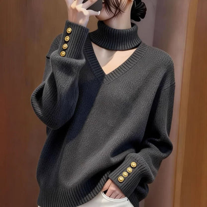 Damen Strickpullover Rollkragen Knopfdetails Norvielle