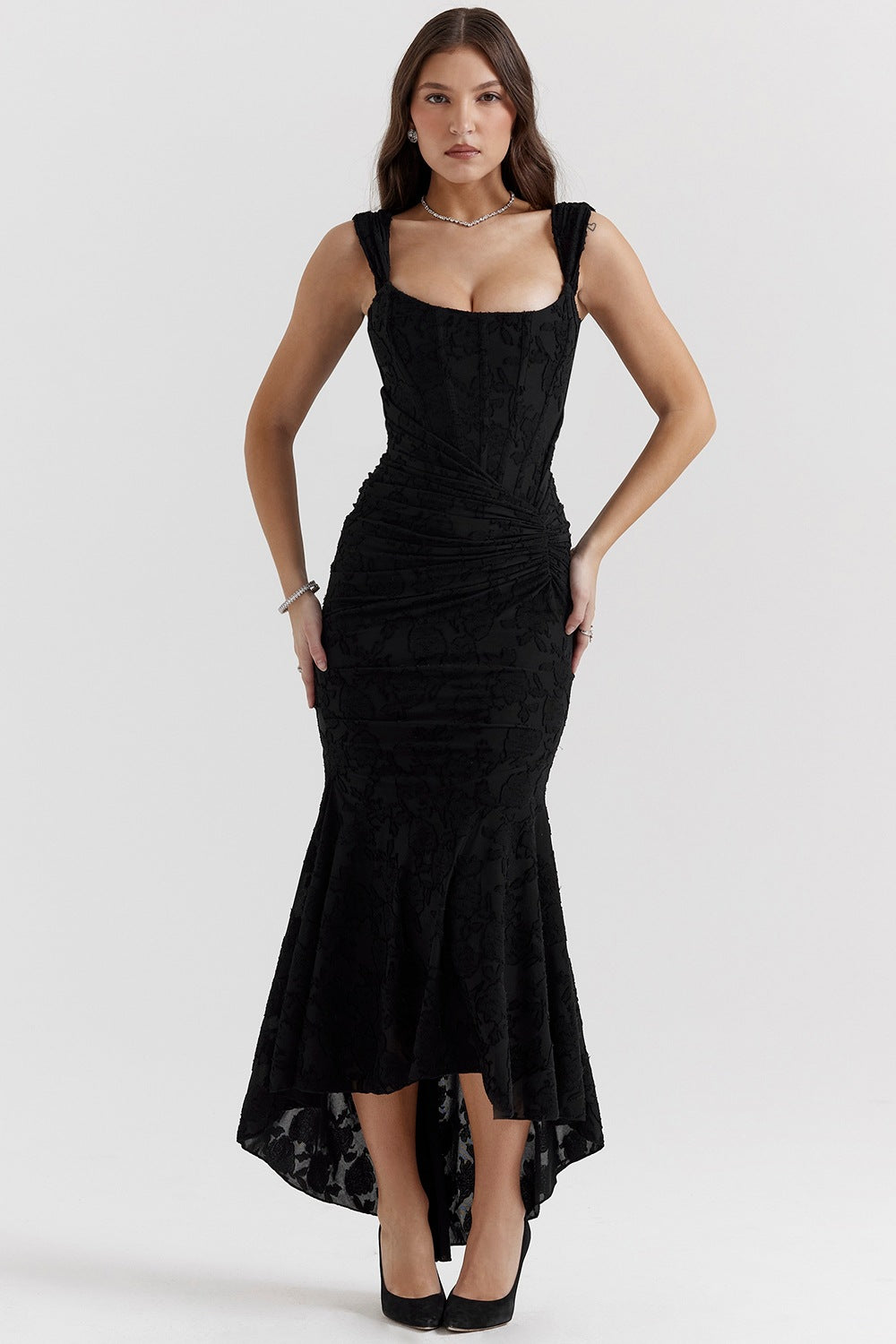 Damen Maxikleid Bateau Ausschnitt Floraltextur Asymmetrisch Norvielle