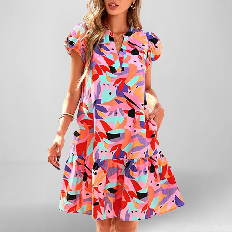 Damen Kurzarm Kleid Fließend Rüschensaum Norvielle