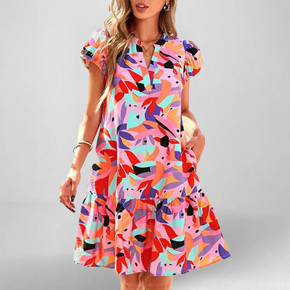 Damen Kurzarm Kleid Fließend Rüschensaum Norvielle
