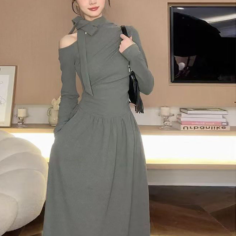 Damen Kleid Asymmetrischer Ausschnitt Elegantes Schleifendesign - Norvielle
