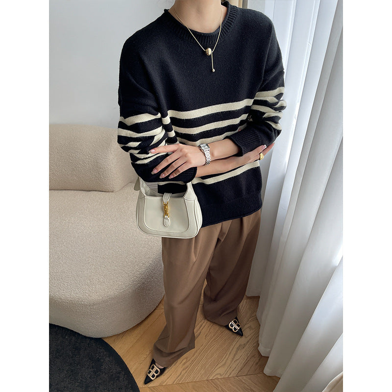 Damen Pullover Gestreift Rundhalsausschnitt Feine Strickstruktur