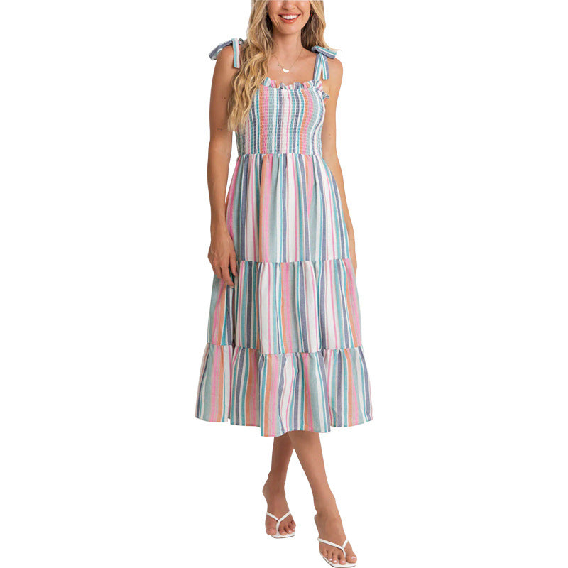 Damen Sommerkleid Rüschendetails Bunt Streifenmuster