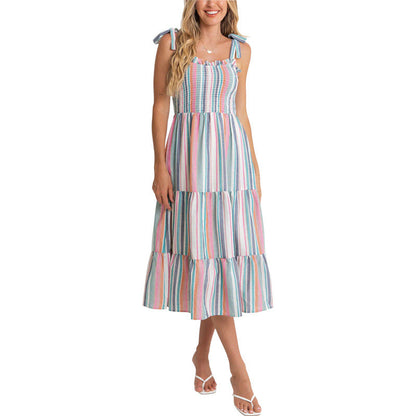 Damen Sommerkleid Rüschendetails Bunt Streifenmuster