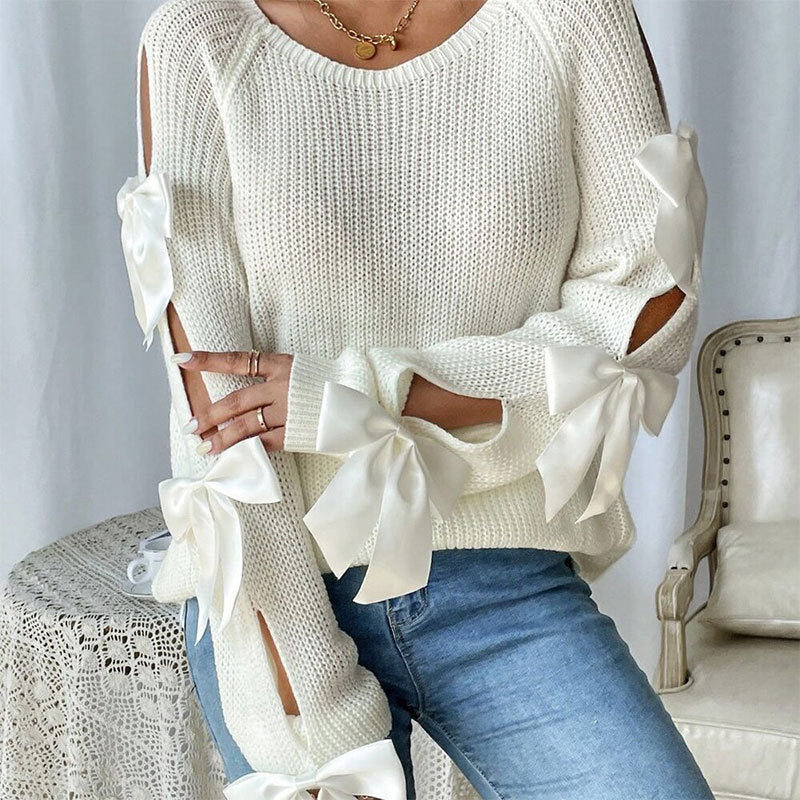 Damen Strickpullover Offene Armgestaltung Dekorative Schleifen - Norvielle