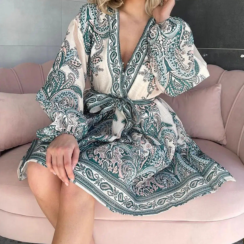 Damen Wickelkleid Smaragdgrün Paisley-Muster Langärmlig mit