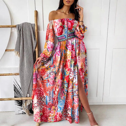 Damen Maxikleid Schulterfrei Elegant Print