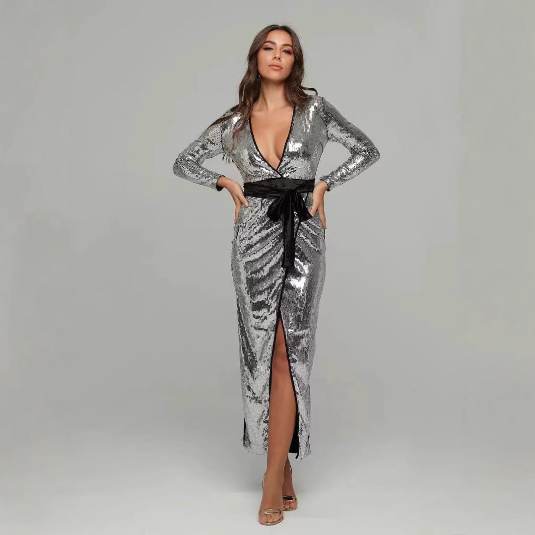 Damen Abendkleid Glitzernd V-Ausschnitt Elegante Schärpe - Norvielle
