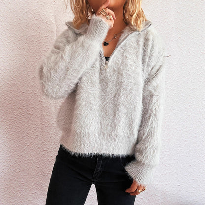 Damen Pullover Kuschelig Hochkragen Reißverschluss