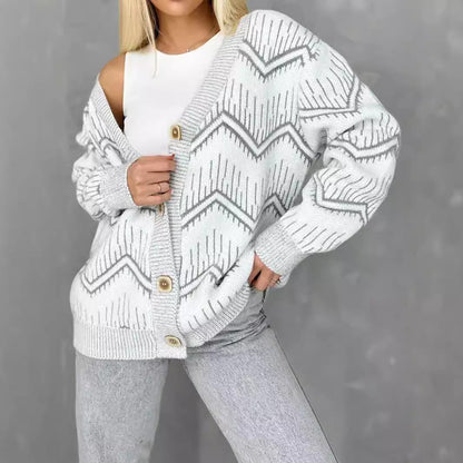 Damen Strickjacke Zigzag-Muster Knöpfe Beige