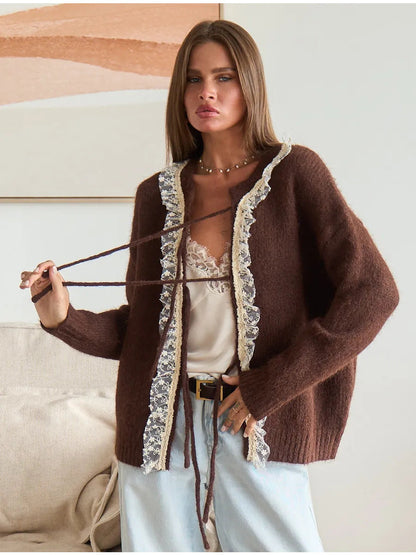 Damen Strickcardigan feine Spitze Beige