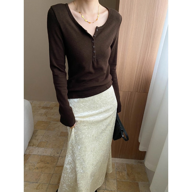 Damen Langarm Henley Shirt Feinripp Norvielle Dekorativ