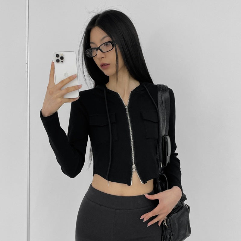 Damen Cropped Freizeitjacke Reißverschluss Kapuze Norvielle