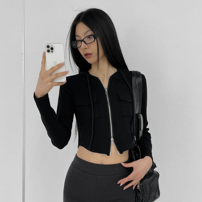Damen Cropped Freizeitjacke Reißverschluss Kapuze Norvielle