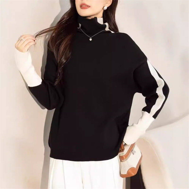 Damen Oversized Pullover Rollkragen Kontrastärmel Norvielle