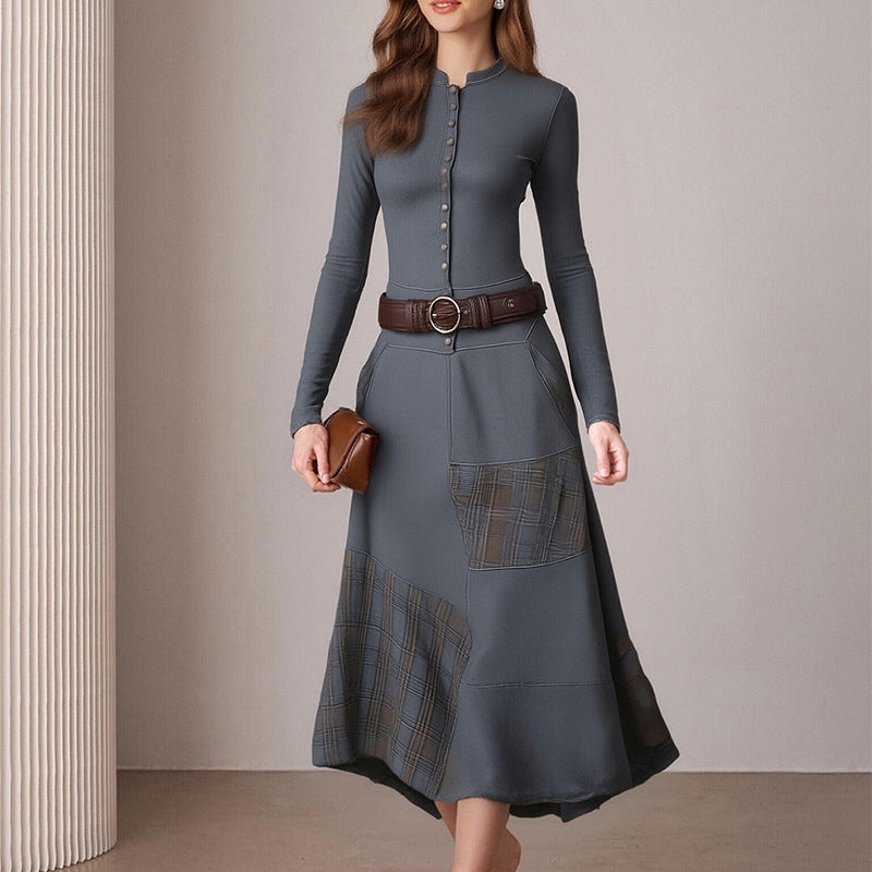 Damen Midi-Kleid mit Knöpfen Kontrastdetails Norvielle