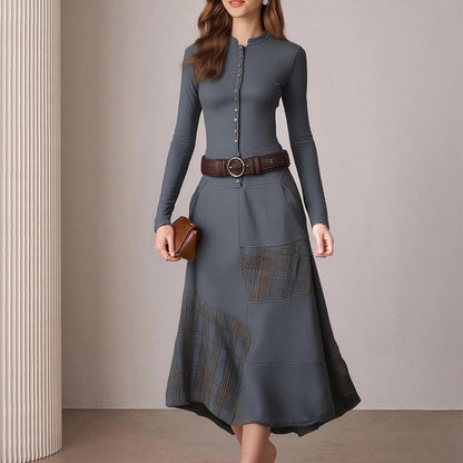 Damen Midi-Kleid mit Knöpfen Kontrastdetails Norvielle