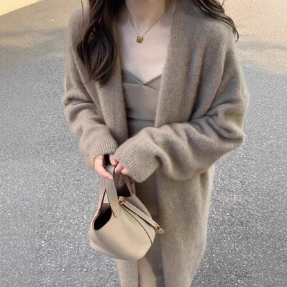 Damen Strickmantel Lang aus Merino-Wolle mit Taschen Beige