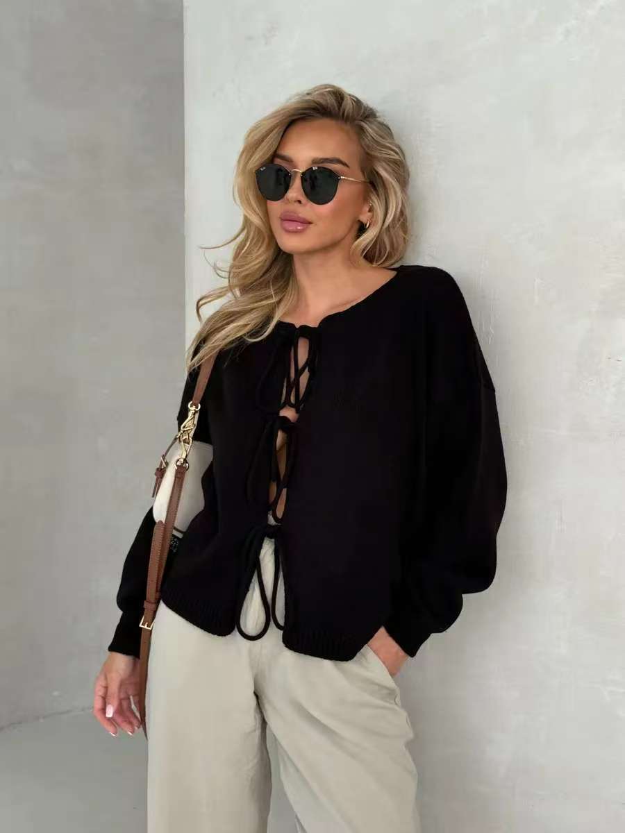 Damen Strickpullover Weit Schnitt Dekorative Schnürung Beige