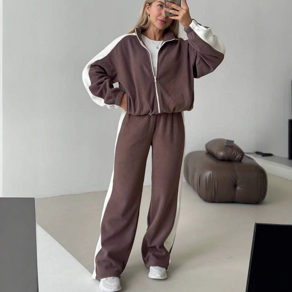 Damen Fleece-Jogginganzug Sportlich Hochkragen Seitliche Streifen