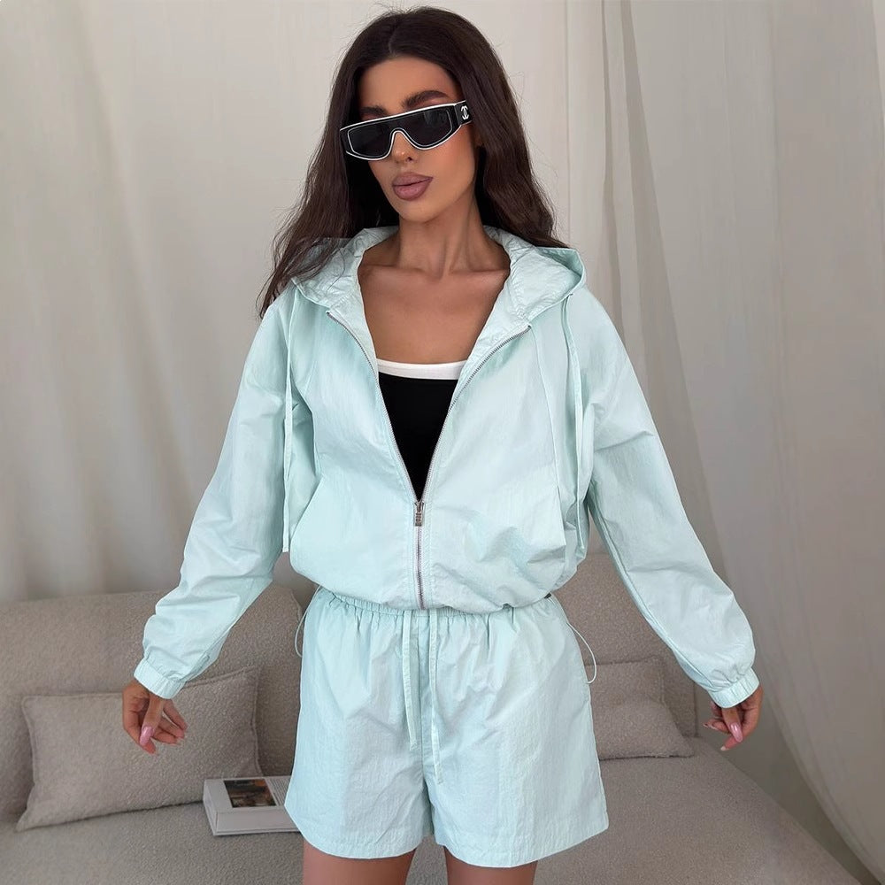 Damen Sportset Kurzarm Kapuzenjacke Elastisch Schwarz - Norvielle