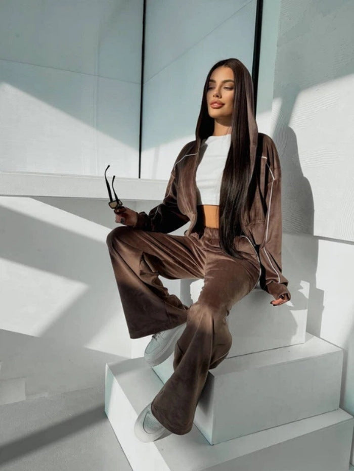 Damen Velours-Loungewear-Set Kurzer Hoodie Weite Hose