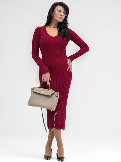 Damen Strickkleid V-Ausschnitt Elegantes Design