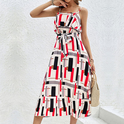 Damen Midi-Kleid Grafisches Design Taillengürtel Schwarz - Norvielle