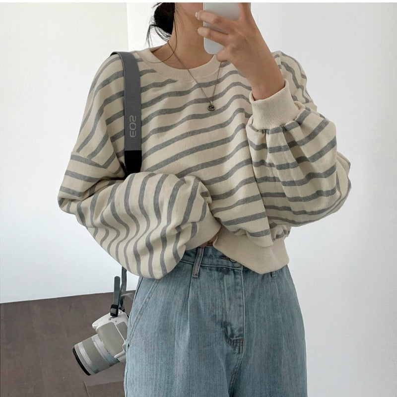 Damen Sweatshirt Streifen Puffärmel Weiß