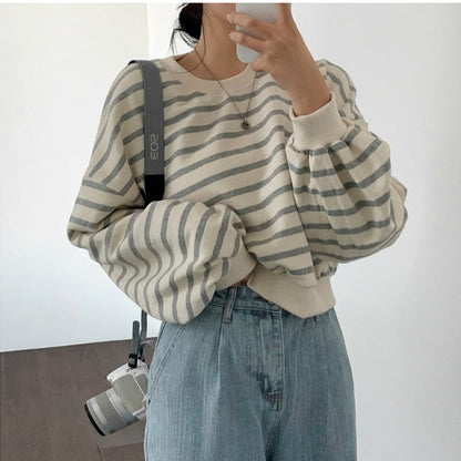 Damen Sweatshirt Streifen Puffärmel Weiß