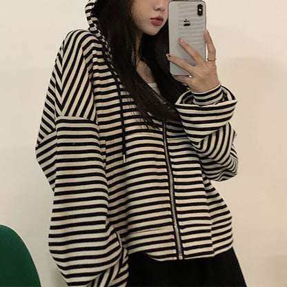 Damen Zip-Hoodie Gestreift Lässiger Schnitt Tiefes Rot