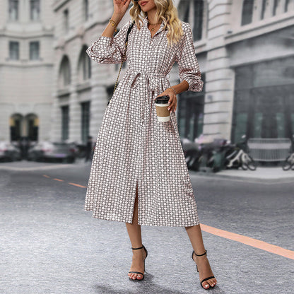 Damen Langarmhemdkleid mit Bindegürtel Muster