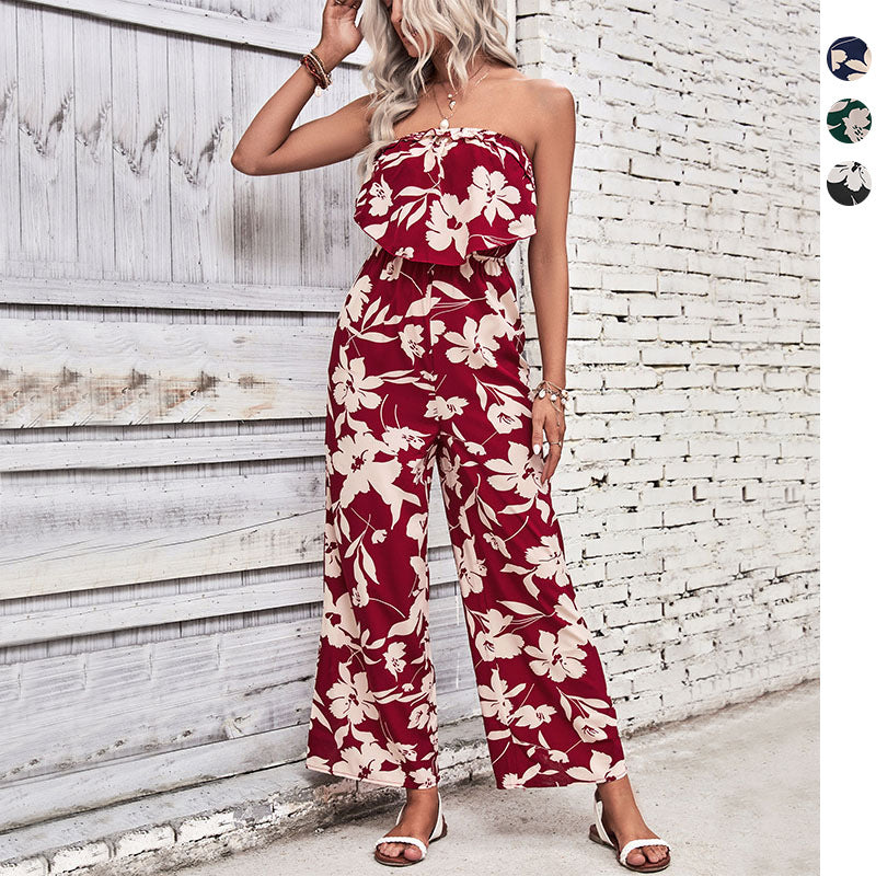 Damen Jumpsuit Florales Rüschenoberteil Weites Bein - Norvielle