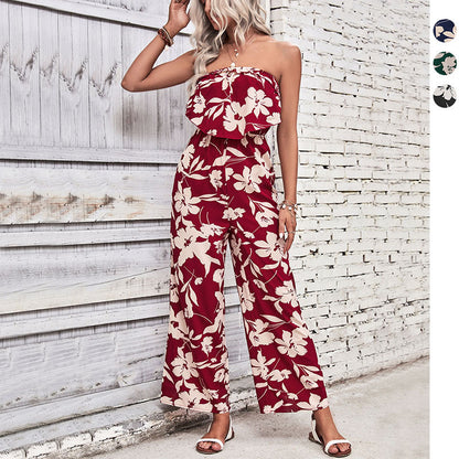Damen Jumpsuit Florales Rüschenoberteil Weites Bein - Norvielle