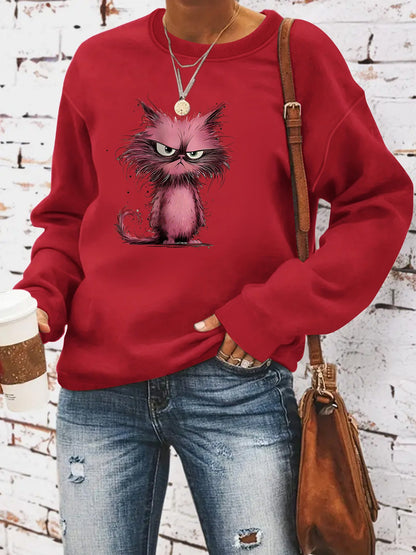 Damen Sweatshirt Katzenmotiv Baumwolle Weiß