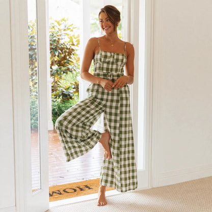 Damen Jumpsuit Gingham-Muster Taillengürtel Norvielle