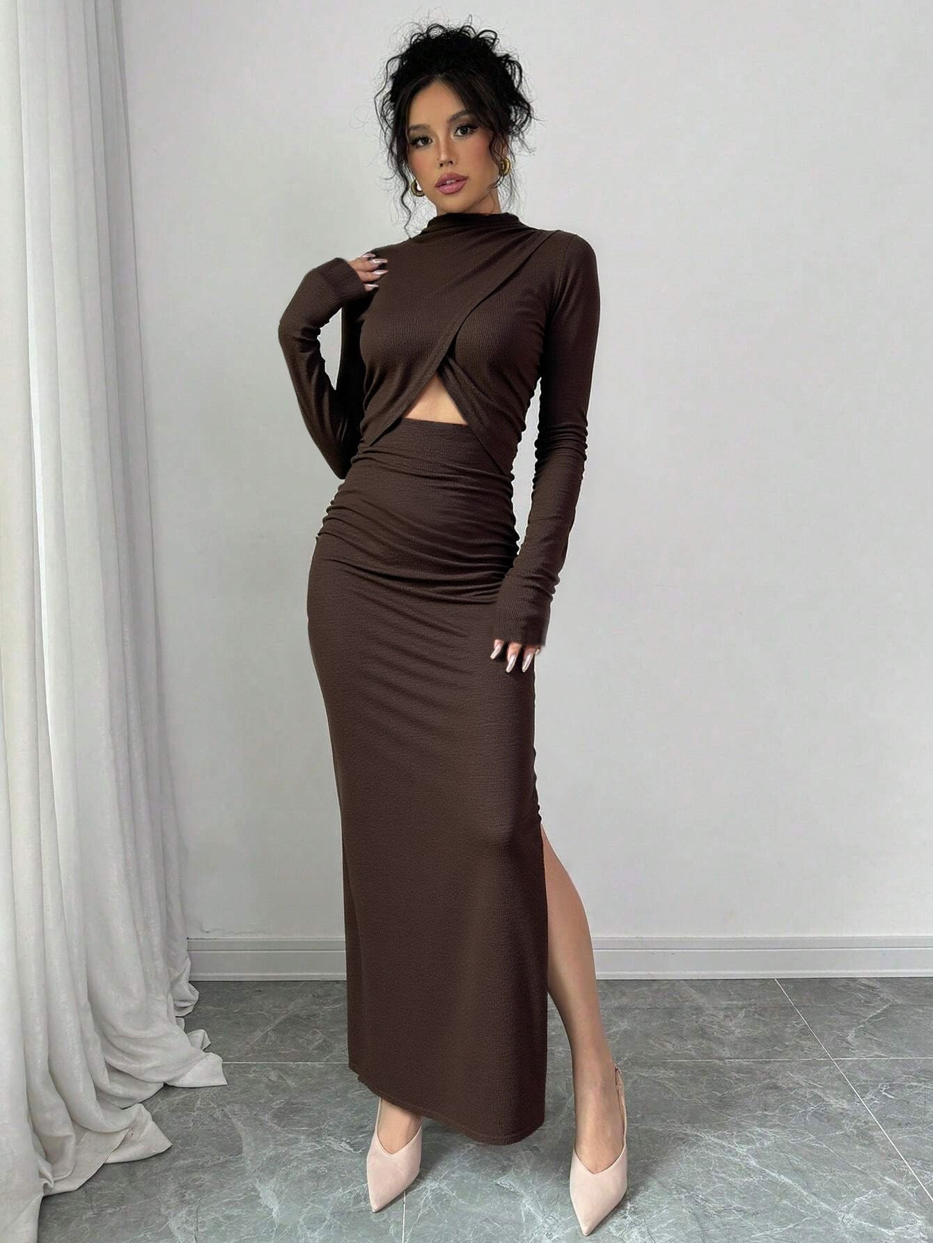 Damen Wickelkleid mit Schlitz und langen Ärmeln Norvielle