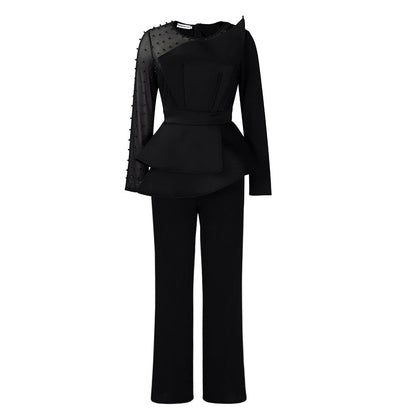 Damen Jumpsuit Asymmetrisch Perlendetails