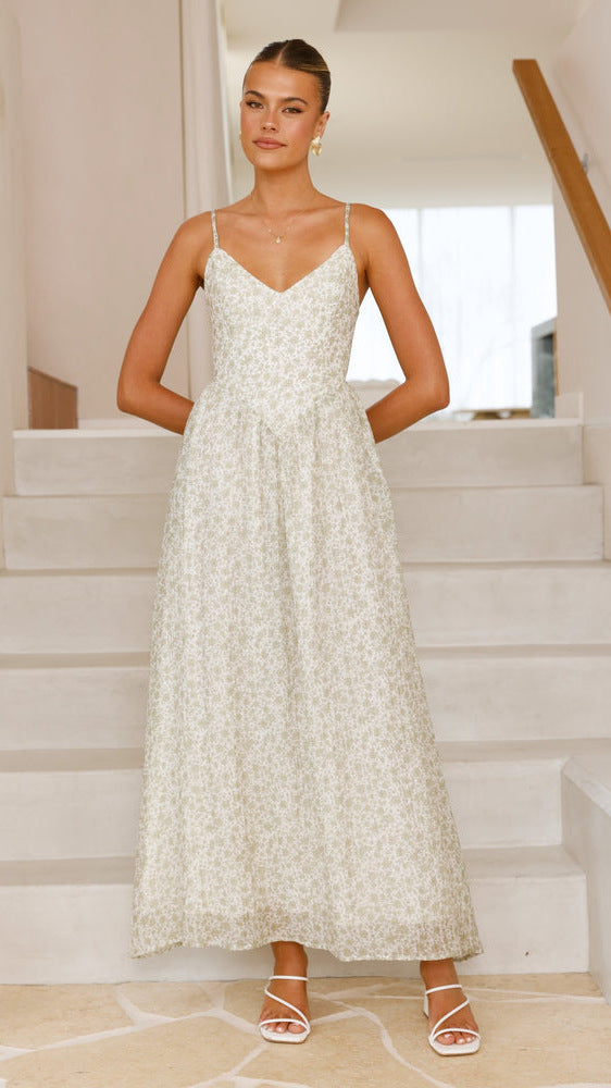 Damen Maxikleid feines Floralmuster Spaghettiträger Norvielle