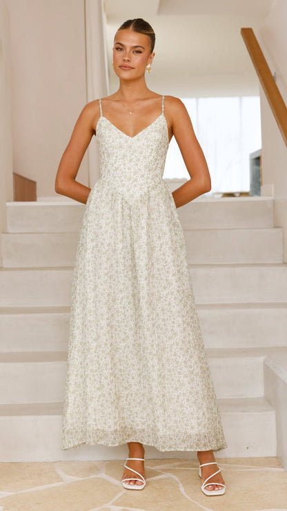 Damen Maxikleid feines Floralmuster Spaghettiträger Norvielle