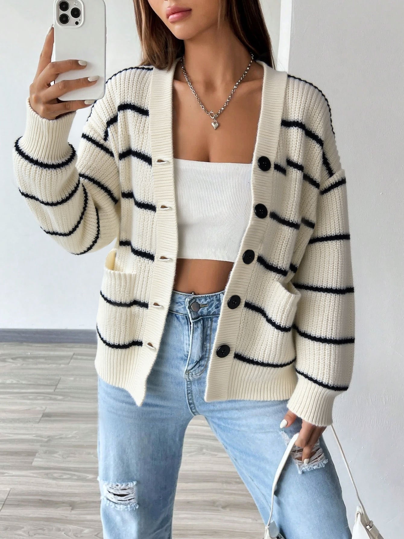 Damen Strickcardigan Kurzarm Gestreift Mit Knöpfen Und Taschen